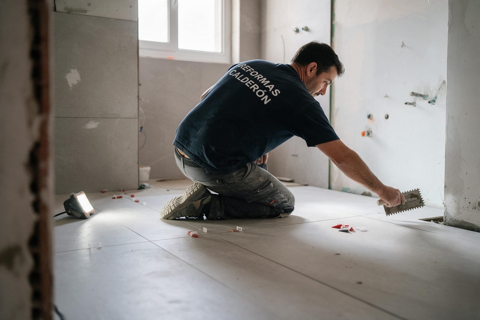Alicatador del equipo de Reformas Calderón, con la marca en la ropa de trabajo, colocando azulejo en un baño de Madrid