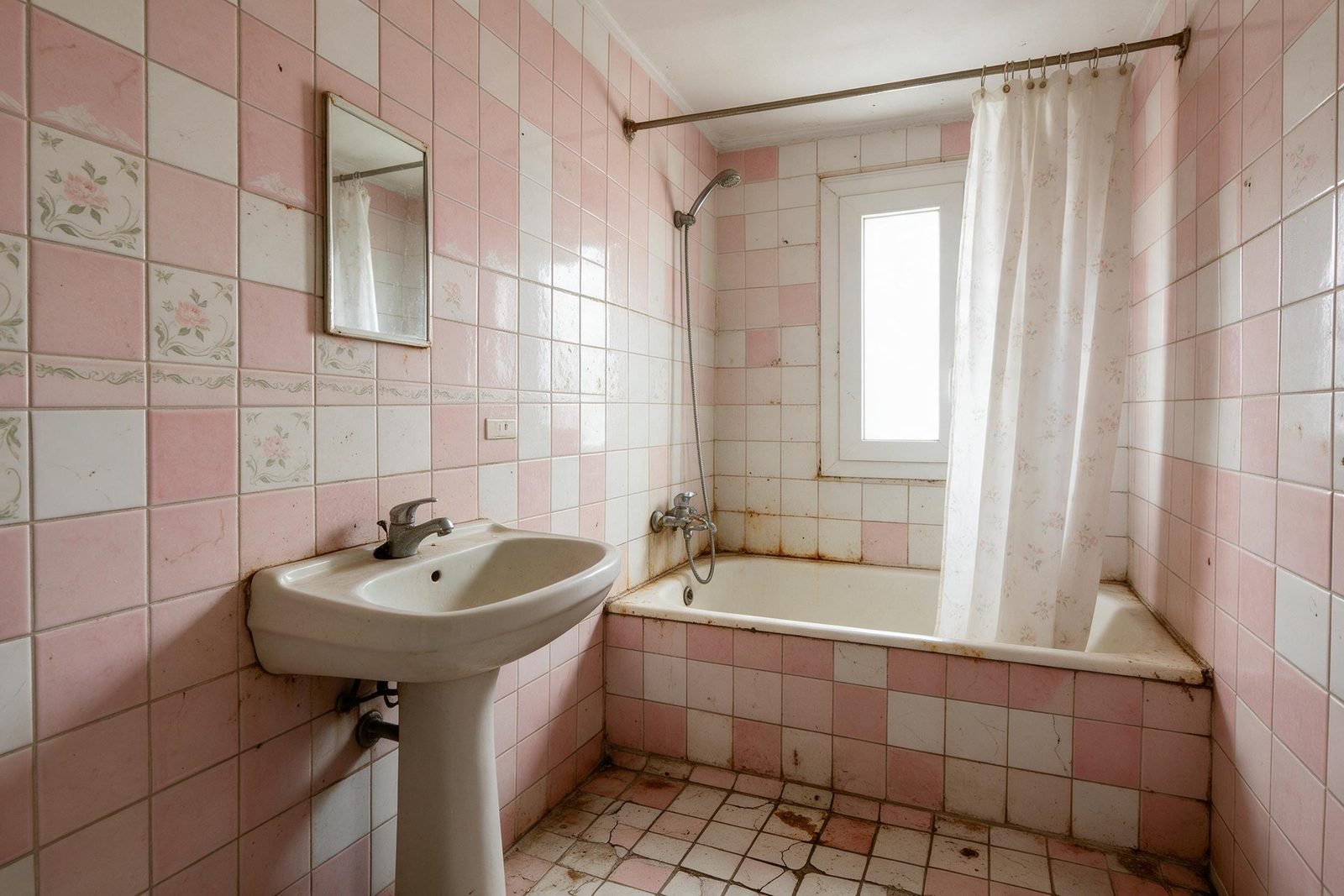 El mismo tipo de baño antes de la obra, con lavabo único y alicatado antiguo