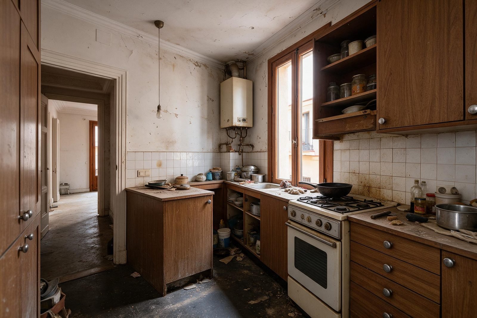 Antes: cocina antigua de un piso de Madrid antes de la reforma integral