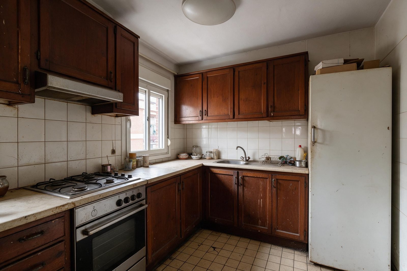 Antes: cocina compartida antigua de un piso de alquiler antes de la reforma