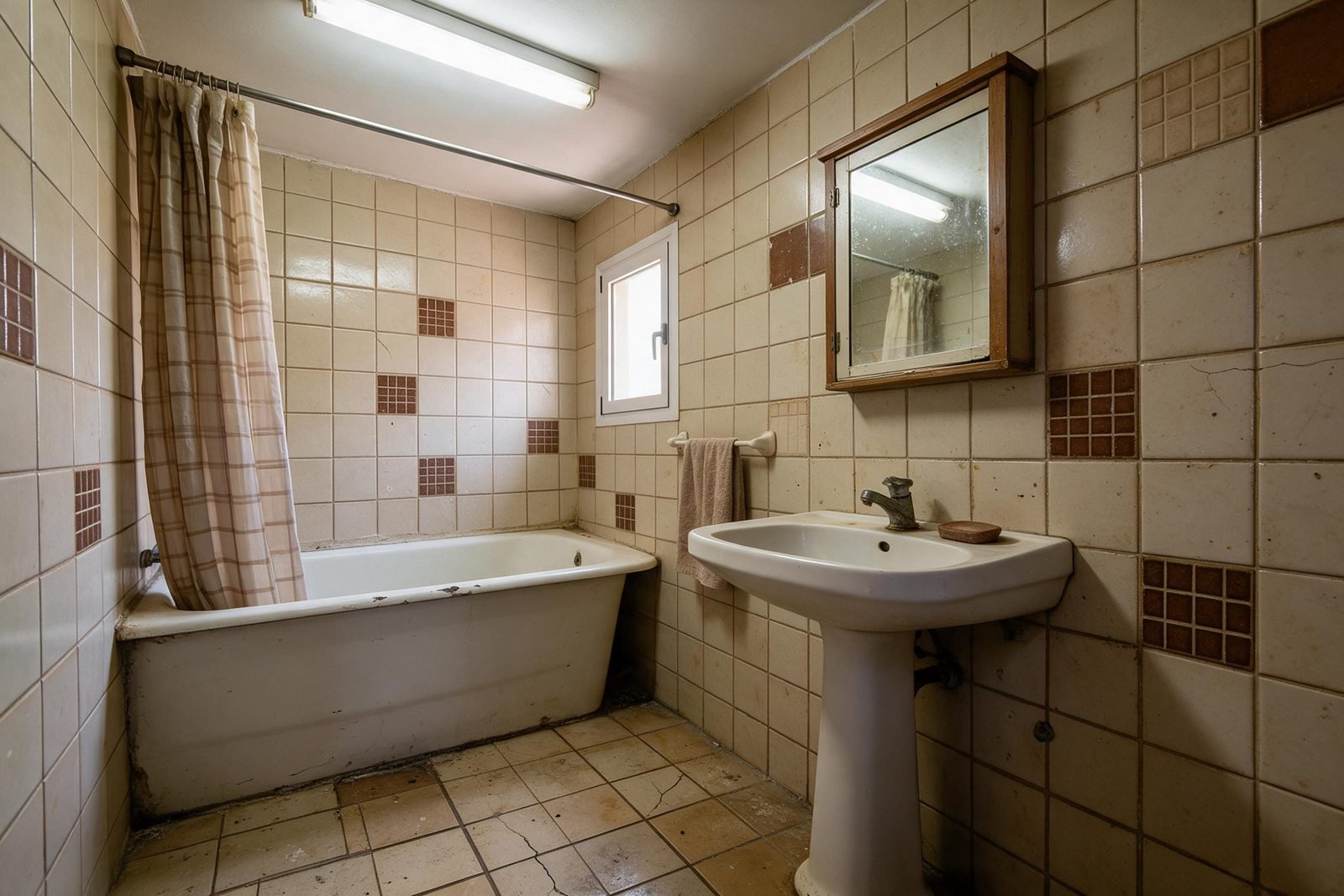El mismo baño antes de la reforma exprés, con plato antiguo y alicatado gastado