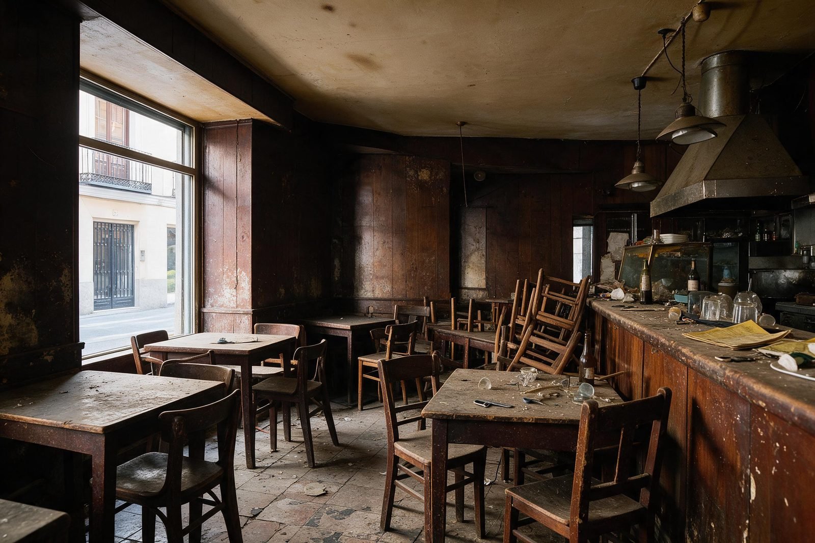 Antes: la misma sala del restaurante sin revestir, con las instalaciones vistas