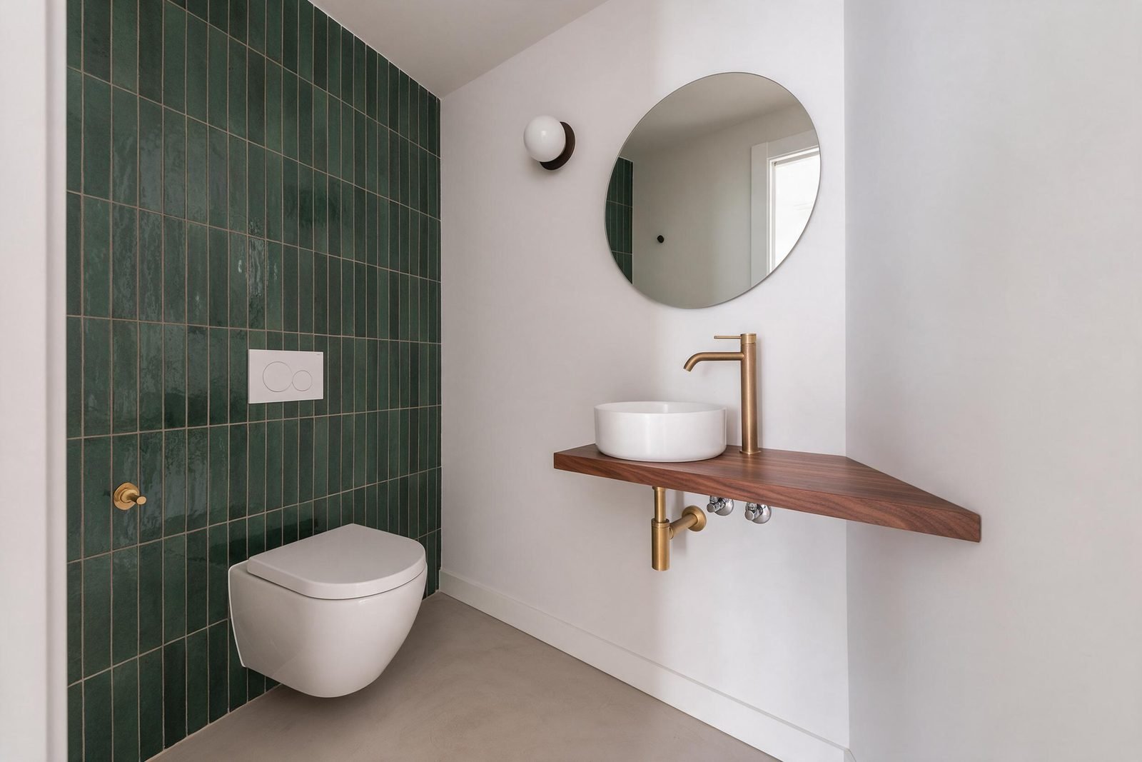 Aseo de cortesía reformado en Madrid con alicatado verde, lavabo sobre encimera y espejo redondo