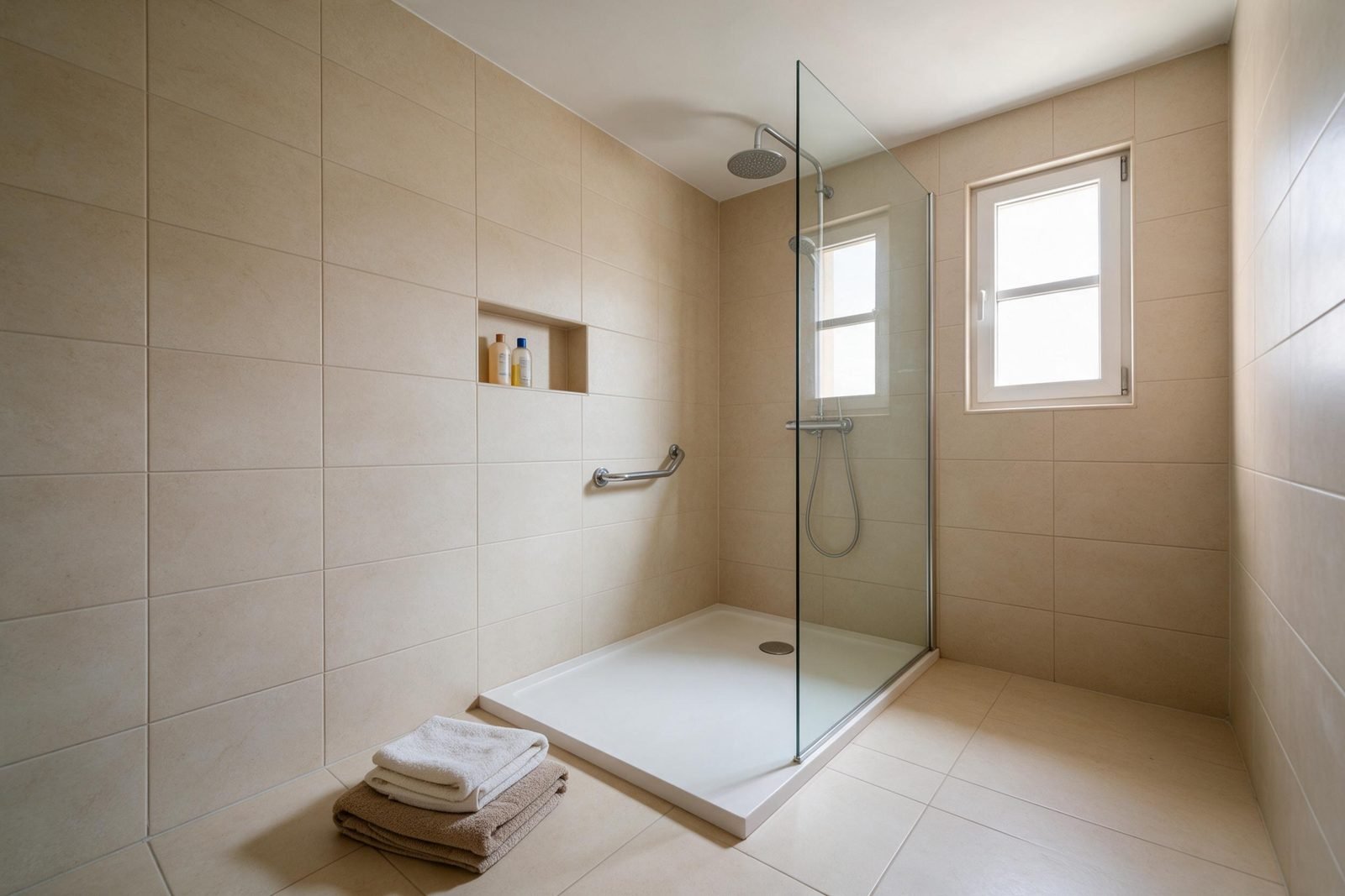 Baño con la bañera sustituida por una ducha de obra con mampara fija y hornacina, en un piso de Madrid