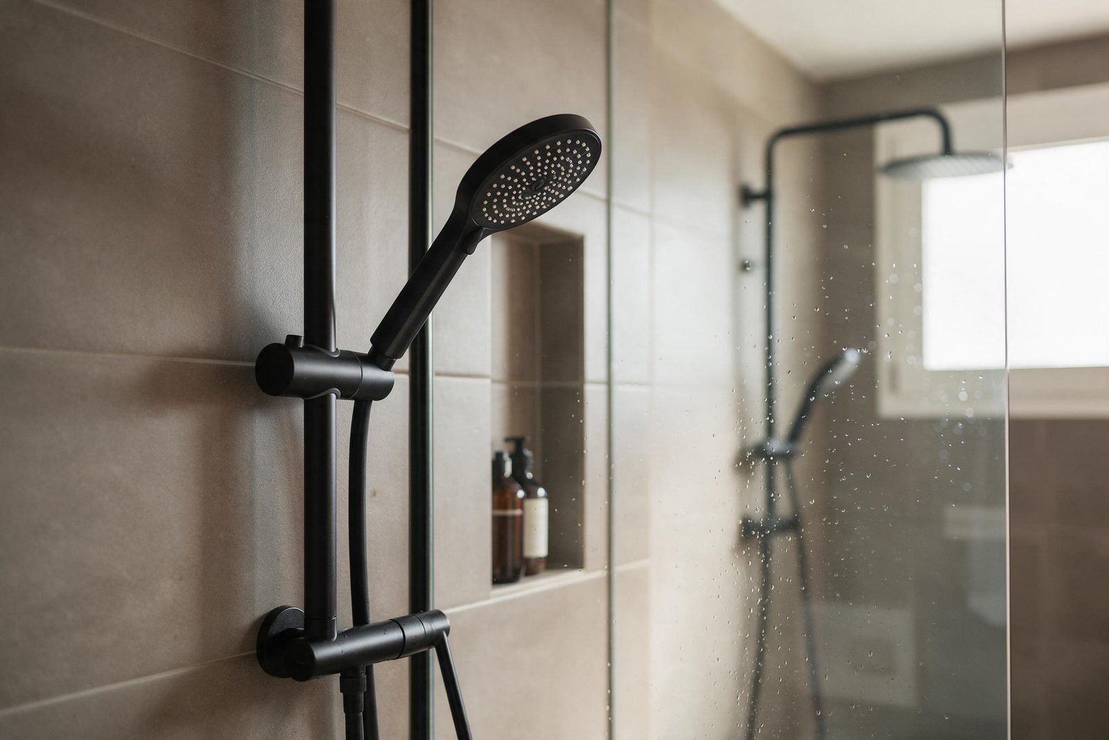 Detalle de ducha con grifería negra mate y hornacina en un baño reformado en Madrid