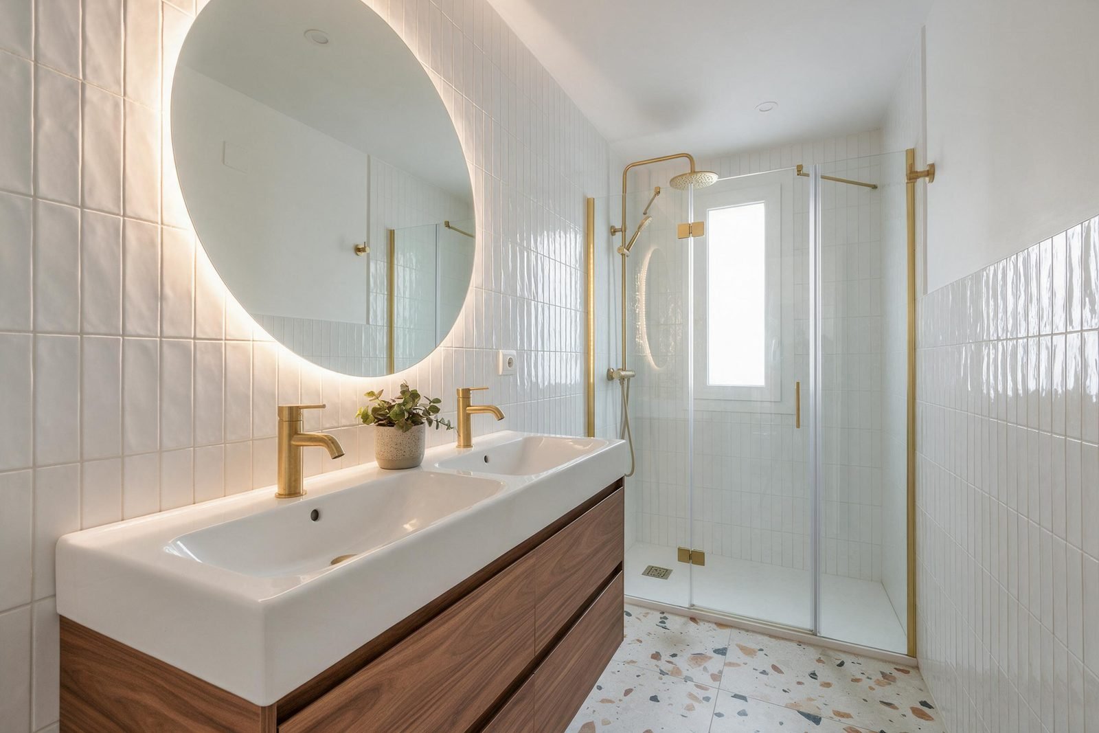 Baño familiar reformado en Madrid con doble lavabo, espejo redondo retroiluminado y suelo tipo terrazo