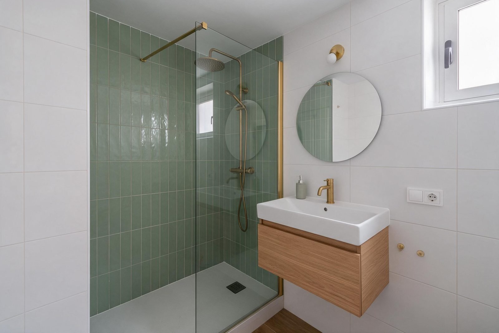 Baño reformado en Madrid con azulejo verde salvia en la ducha y mueble de roble