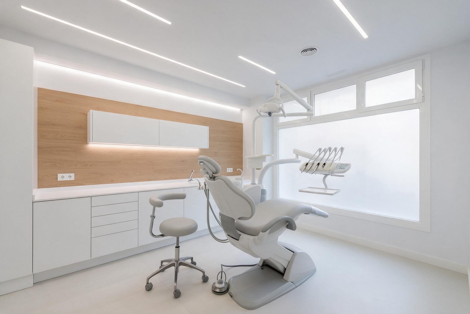 Consulta de cl&iacute;nica dental reformada en Madrid con sill&oacute;n, mobiliario blanco y pared de roble