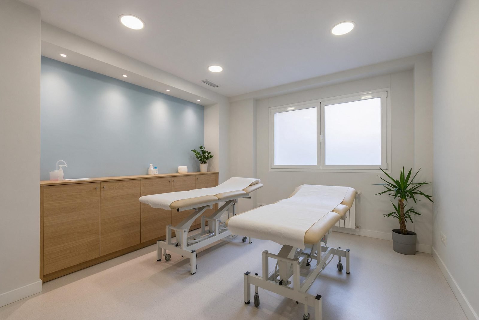 Sala de tratamiento de una clínica de fisioterapia reformada en Madrid
