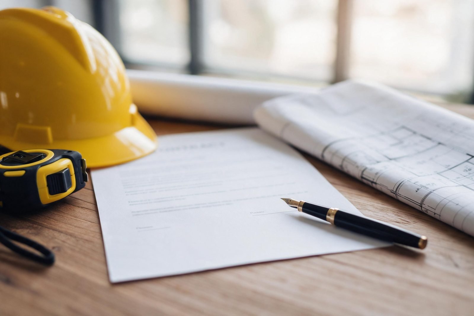 Contrato de reforma con precio cerrado y fecha de entrega sobre una mesa con casco y cinta métrica