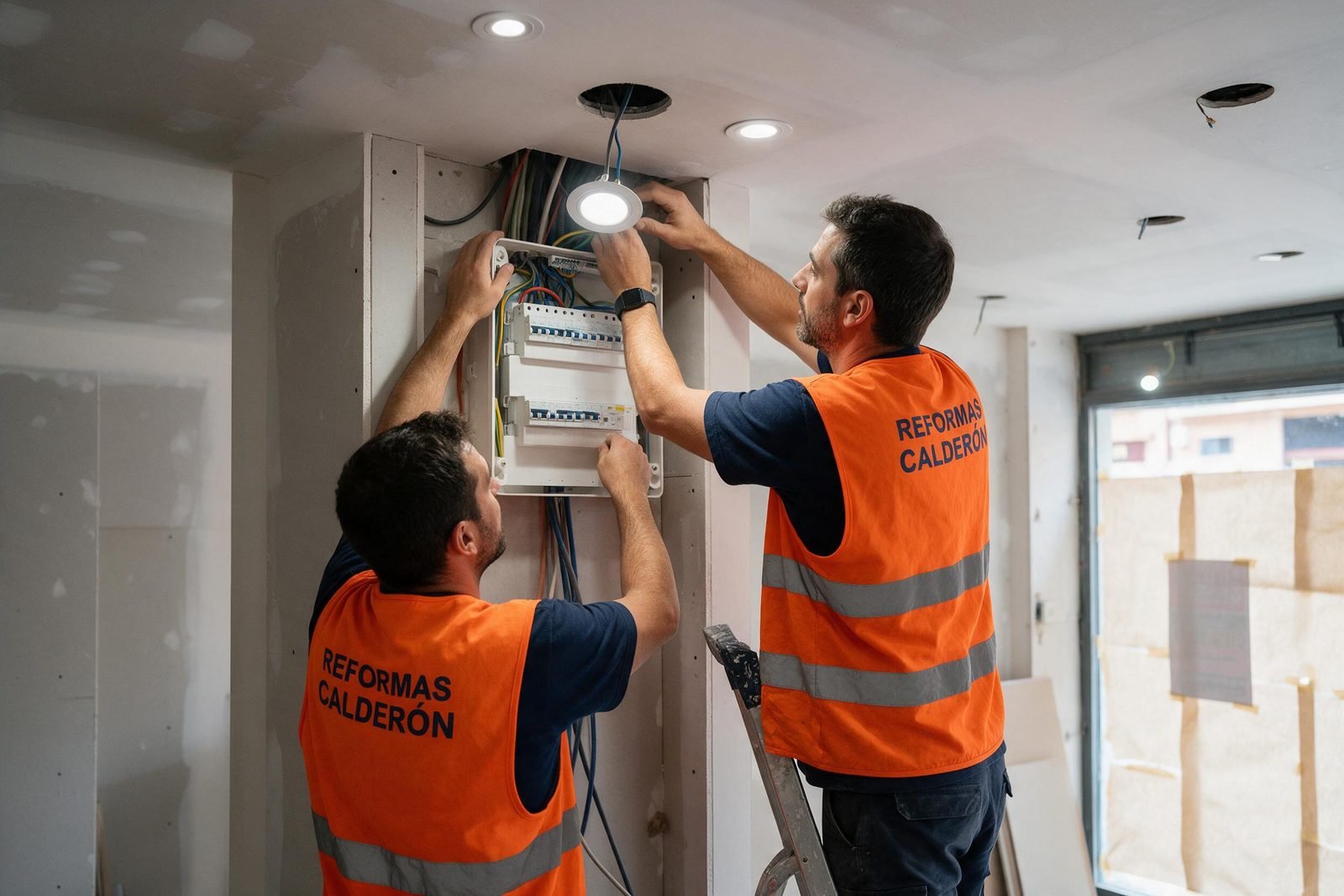 Electricistas del equipo de Reformas Calderón, con la marca en la ropa de trabajo, cableando un local en Madrid
