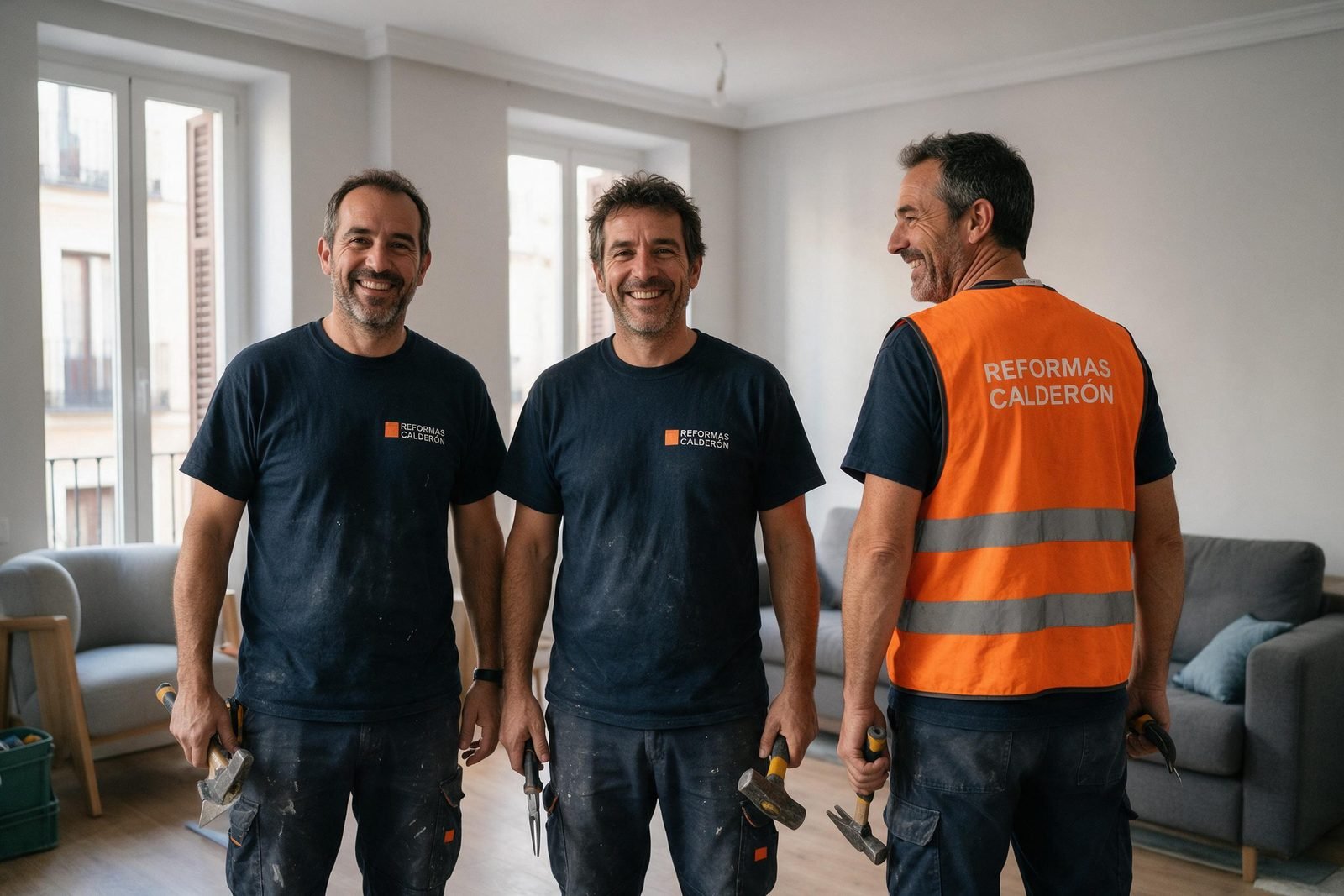 Equipo de Reformas Calderón, con la marca en la ropa de trabajo, terminando una obra en Madrid