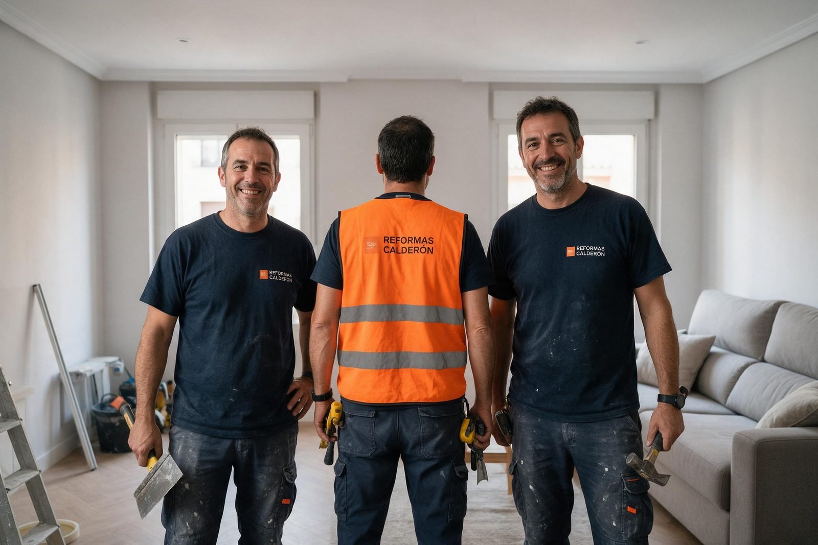 Equipo de Reformas Calderón, con la marca en la ropa de trabajo, en el local terminado el día de la entrega
