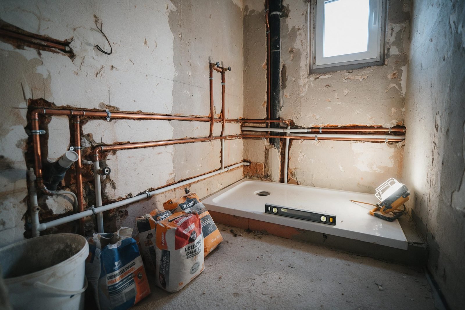 Baño en obras en Madrid con la fontanería nueva instalada antes del alicatado