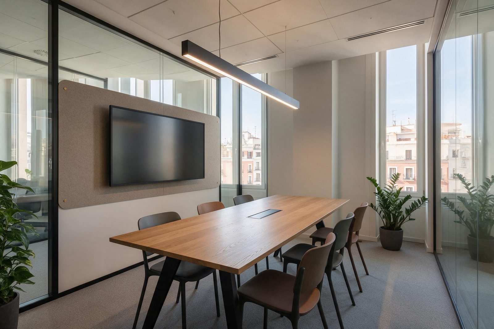 Sala de reuniones acristalada en una oficina reformada en Madrid, con mesa larga y suelo de roble