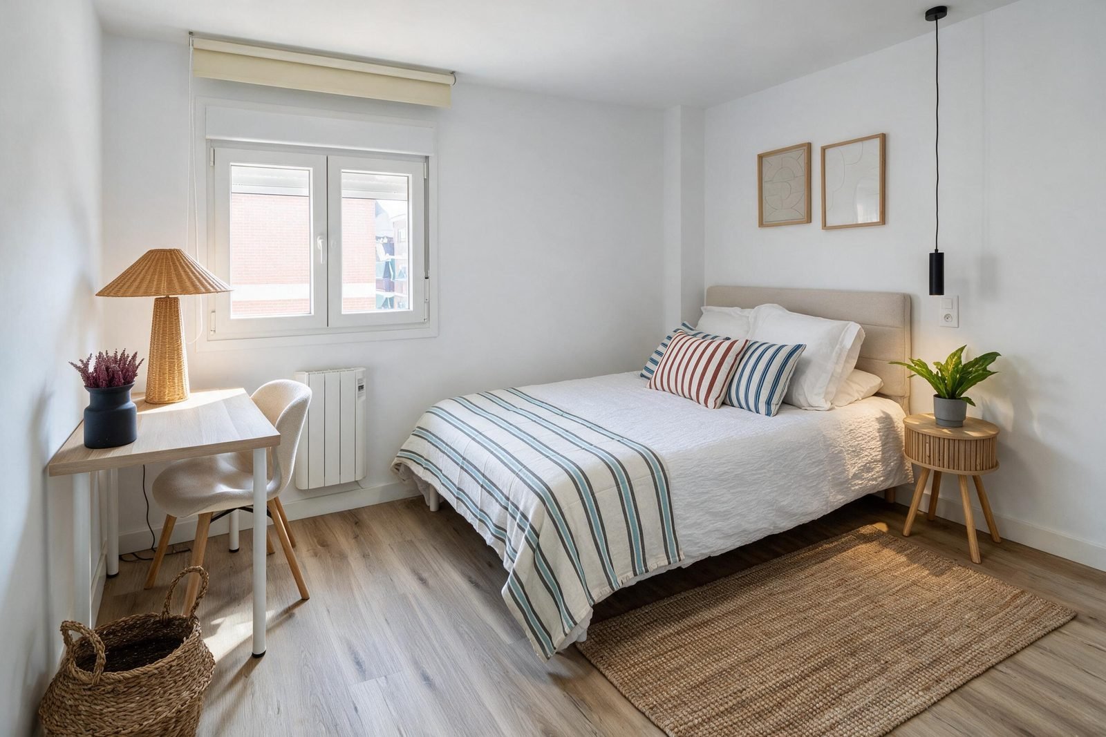 Despu&eacute;s: la misma habitaci&oacute;n individual reformada, con cama, escritorio y luz natural