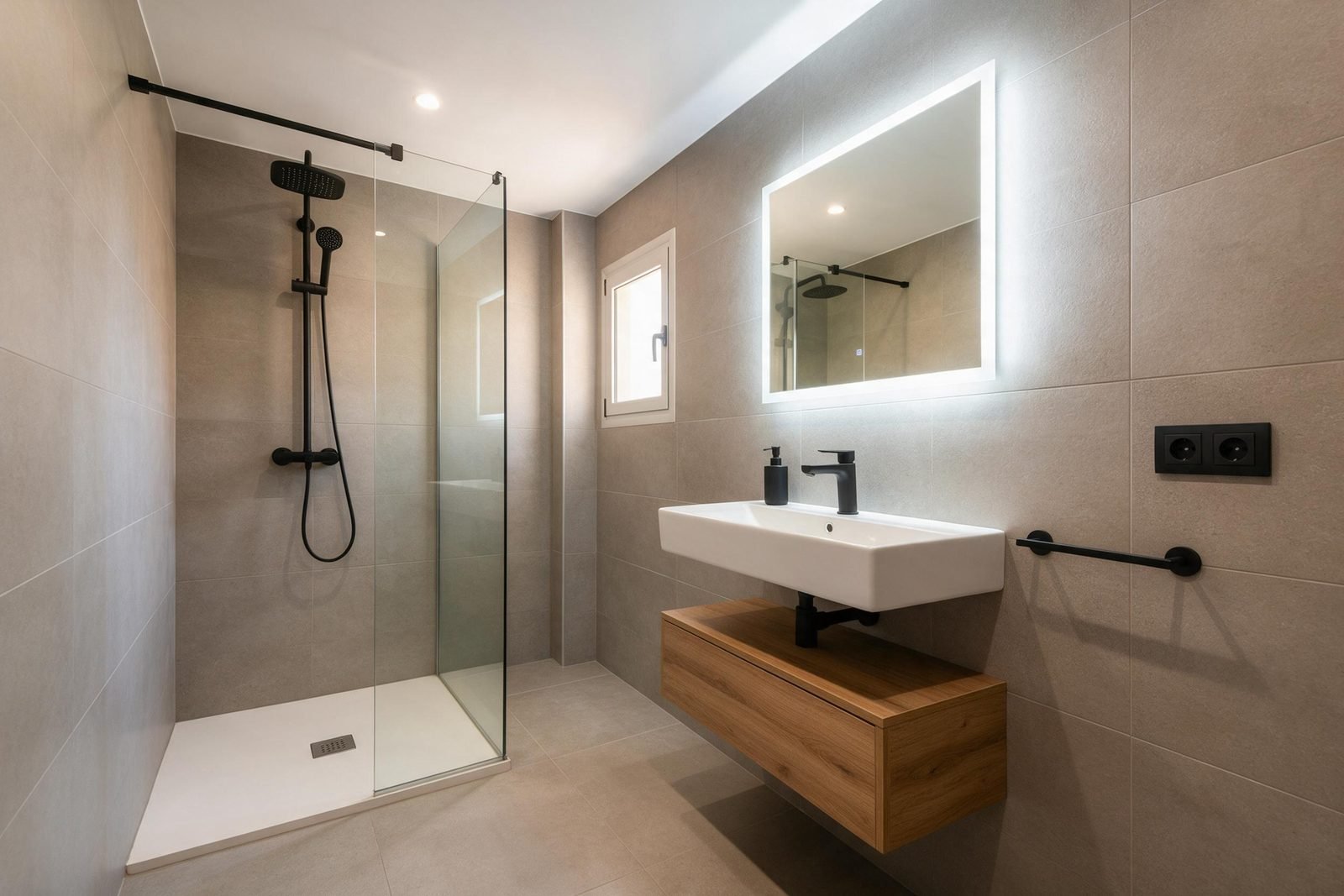 Baño reformado en Madrid con ducha de obra, mampara de cristal y mueble de madera tras una reforma exprés