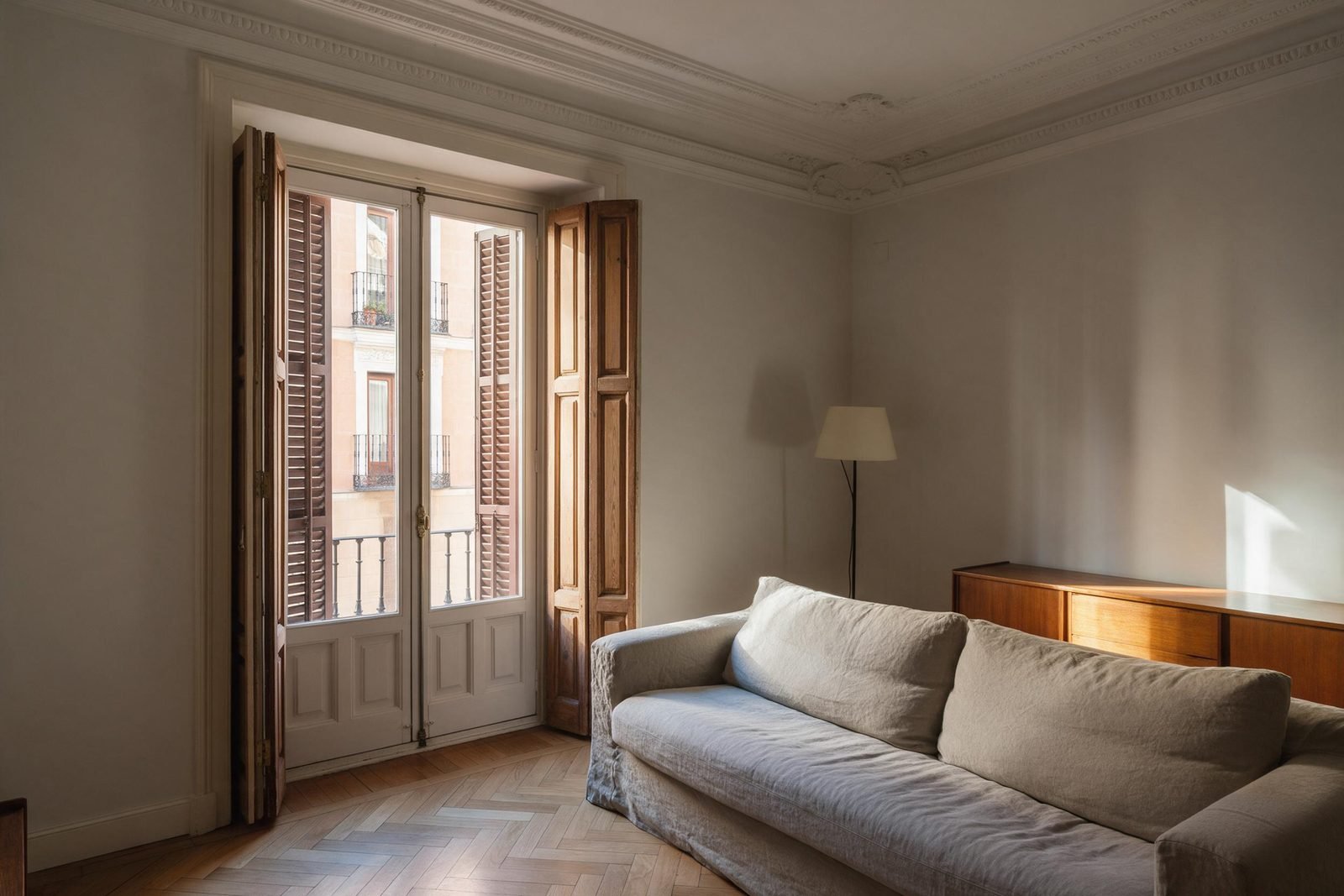 Detalle del sal&oacute;n de una reforma integral en Madrid con carpinter&iacute;a y molduras restauradas